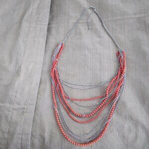 VINTAGE CORAL BEAD SILVERTONE CHAIN NECKLACE